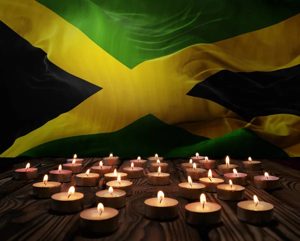 Mourning Candles Burning Jamaica National Flag Background Memorial Weekend Patriot — Stock Photo, Image