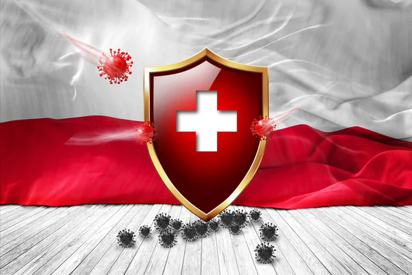 波兰国旗与金属辛尼红色盾牌 病毒保护 卫生盾牌 病毒疫苗保护琼脂糖病毒 医疗保健 安全徽章的概念 3D插图 — 图库照片