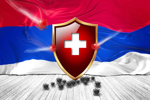 Flaga Republiki Serbskiej Czerwoną Tarczą Metal Shiny Ochrona Wirusów Tarcza — Zdjęcie stockowe