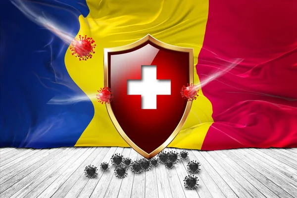 Romania flag with Metal Shiny red shield. virus protection, hygiene shield. virus Vaccine Protection aganst coronavirus, Health Care, Safety Badge concept. 3D illustration.