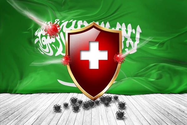 Saudi Arabia flag with Metal Shiny red shield. virus protection, hygiene shield. virus Vaccine Protection aganst coronavirus, Health Care, Safety Badge concept. 3D illustration.