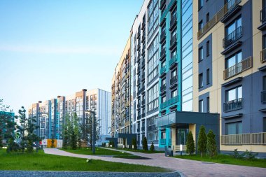 Yeşil bölgedeki yeni apartman blokları. Düz binaları olan bir apartman dairesi. Lüks ev kompleksi. City Emlak 'ın bir parçası, apartman mimarisi. apartman sigortası kavramı.