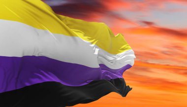 Bulutlu gökyüzünde rüzgarda sallanan ikili olmayan bayrak. Özgürlük ve aşk kavramı. Gurur ayı. Eylemcilik, toplum ve özgürlük kavramı. Uzayı kopyala 3d illüstrasyon,