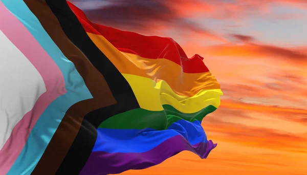 Progresso Bandeira Arco Íris Lgbtq Acenando Vento Céu Nublado Conceito — Fotografia de Stock