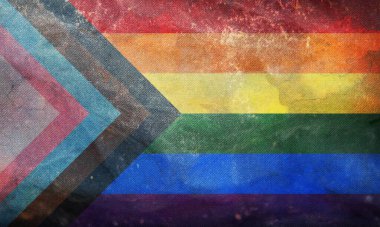 Kumaş desenli LGBTQ gökkuşağı gelişimi bayrağı. Eşitlik kavramı. Grunge retro düz arka plan. Üst görünüm.