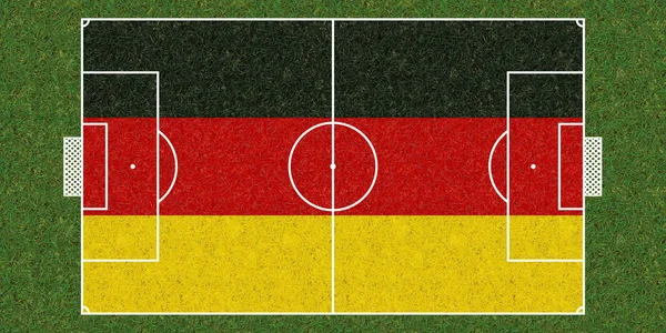 挂满德国国旗的绿草足球场俯瞰全景 足球背景 3D说明 — 图库照片