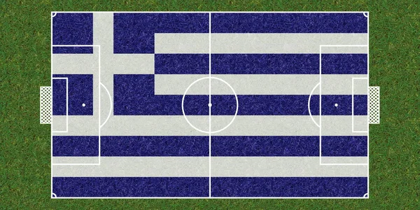 Vue Dessus Terrain Football Vert Herbe Avec Drapeau Grèce Fond — Photo