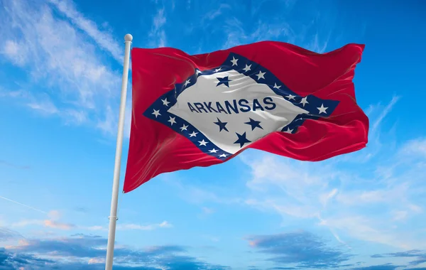 Bandera Arkansas Cielo Nublado Fondo Puesta Del Sol Concepto Patriótico —  Fotos de Stock