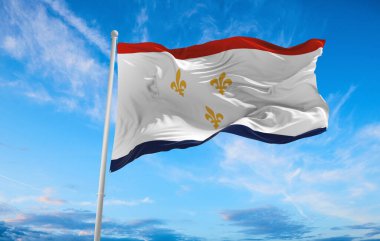 New Orleans bayrağı, Louisiana, bulutlu arka plan günbatımında, panoramik manzara. New Orleans, Louisiana ve geniş afişler için fotokopi alanı hakkında vatansever bir kavram. 3d illüstrasyon.