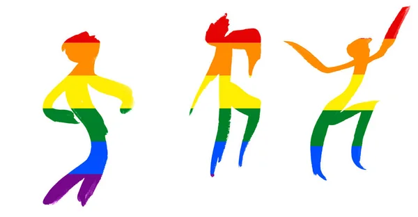 Handgezeichnete Silhouetten Tanzender Menschen Den Farben Der Lgbt Regenbogenflagge Isoliert — Stockfoto