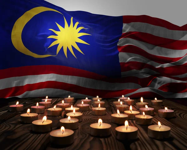 Velas Luto Queimando Bandeira Nacional Malásia Fundo Fim Semana Comemorativo — Fotografia de Stock
