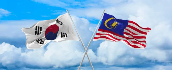 Flags South Korea Malaysia Waving Wind Flagpoles Sky Clouds Sunny — Stock fotografie