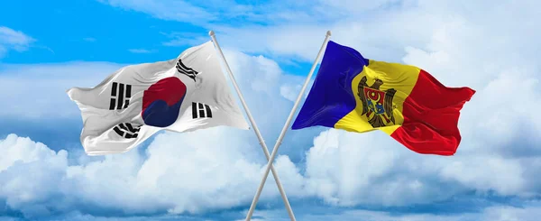 Flags South Korea Moldova Waving Wind Flagpoles Sky Clouds Sunny — ストック写真