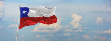 flag of Chile at cloudy sky background on sunset, panoramic view. Patriotic concept about Chile and copy space for wide banner. 3d illustration,