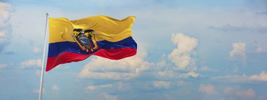 flag of Ecuador  at cloudy sky background on sunset, panoramic view. Patriotic concept about Ecuador  and copy space for wide banner. 3d illustration,