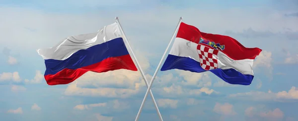 Flags Russia Croatia Waving Wind Flagpoles Sky Clouds Sunny Day — Stock Fotó