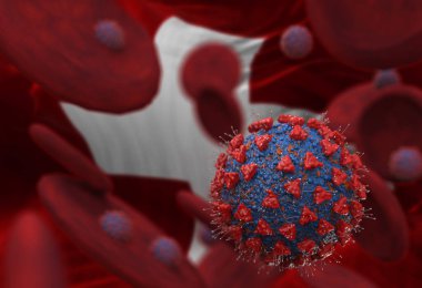 Virüs ve kan hücreleri İsviçre bayrağına karşı. 3 boyutlu illüstrasyon. Viral enfeksiyon kronik hastalıklara neden oluyor. Hepatit virüsleri, grip virüsü H1N1, Coronavirüs, HIV, grip, hücre enfeksiyonu,