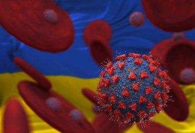 Virüs ve kan hücreleri Ukrayna bayrağına karşı. 3 boyutlu illüstrasyon. Viral enfeksiyon kronik hastalıklara neden oluyor. Hepatit virüsleri, grip virüsü H1N1, Coronavirüs, HIV, grip, hücre enfeksiyonu,
