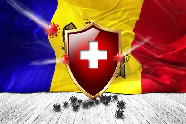 Moldova flag with Metal Shiny red shield. virus protection, hygiene shield. virus Vaccine Protection aganst coronavirus, Health Care, Safety Badge concept. 3D illustration.
