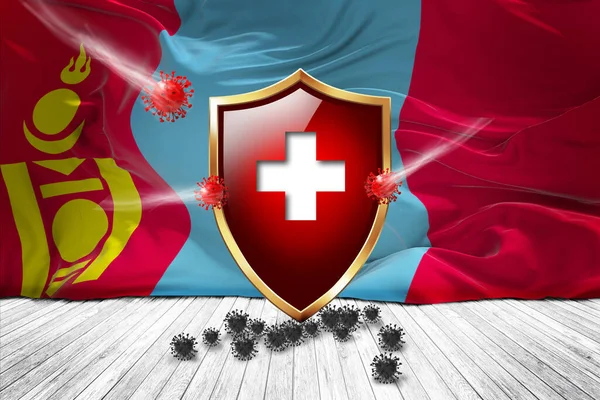 Mongolia flag with Metal Shiny red shield. virus protection, hygiene shield. virus Vaccine Protection aganst coronavirus, Health Care, Safety Badge concept. 3D illustration.