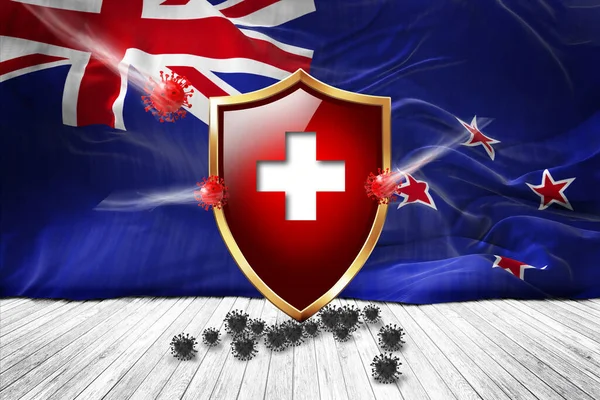 New Zealand flag with Metal Shiny red shield. virus protection, hygiene shield. virus Vaccine Protection aganst coronavirus, Health Care, Safety Badge concept. 3D illustration.