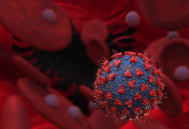 Virüs ve kan hücreleri Arnavutluk bayrağına karşı. 3 boyutlu illüstrasyon. Viral enfeksiyon kronik hastalıklara neden oluyor. Hepatit virüsleri, grip virüsü H1N1, Coronavirüs, HIV, grip, hücre enfeksiyonu,