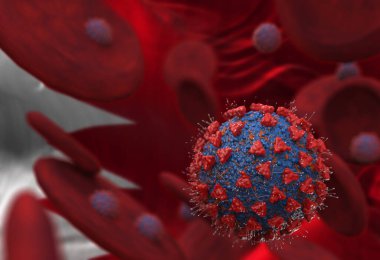 Virüs ve kan hücreleri Bahreyn bayrağına karşı. 3 boyutlu illüstrasyon. Viral enfeksiyon kronik hastalıklara neden oluyor. Hepatit virüsleri, grip virüsü H1N1, Coronavirüs, HIV, grip, hücre enfeksiyonu,
