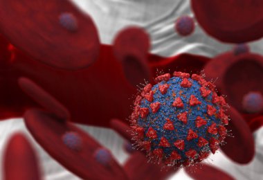 Virüs ve kan hücreleri Beyaz Rusya bayrağına karşı. 3 boyutlu illüstrasyon. Viral enfeksiyon kronik hastalıklara neden oluyor. Hepatit virüsleri, grip virüsü H1N1, Coronavirüs, HIV, grip, hücre enfeksiyonu,