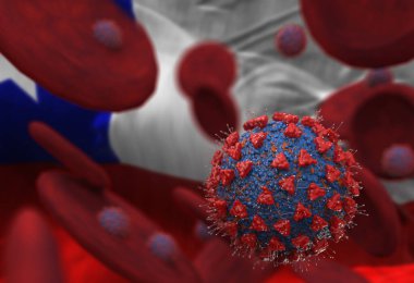 Virüs ve kan hücreleri Şili bayrağına karşı. 3 boyutlu illüstrasyon. Viral enfeksiyon kronik hastalıklara neden oluyor. Hepatit virüsleri, grip virüsü H1N1, Coronavirüs, HIV, grip, hücre enfeksiyonu,