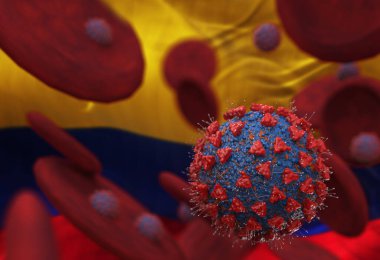 Virüs ve kan hücreleri Kolombiya bayrağına karşı. 3 boyutlu illüstrasyon. Viral enfeksiyon kronik hastalıklara neden oluyor. Hepatit virüsleri, grip virüsü H1N1, Coronavirüs, HIV, grip, hücre enfeksiyonu,