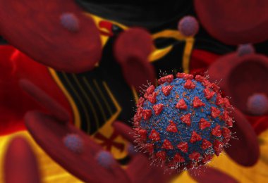 Virüs ve kan hücreleri Almanya bayrağına karşı. 3 boyutlu illüstrasyon. Viral enfeksiyon kronik hastalıklara neden oluyor. Hepatit virüsleri, grip virüsü H1N1, Coronavirüs, HIV, grip, hücre enfeksiyonu,