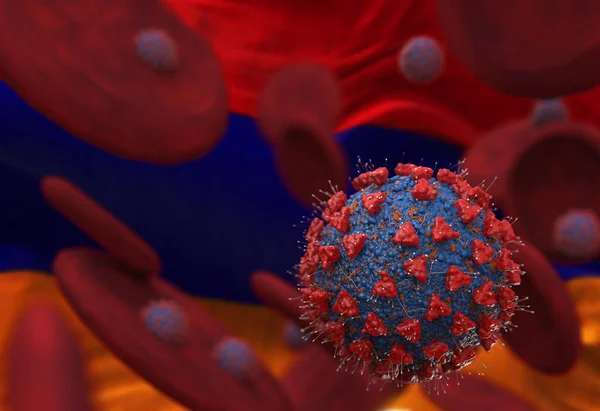Virüs ve kan hücreleri Ermenistan bayrağına karşı. 3 boyutlu illüstrasyon. Viral enfeksiyon kronik hastalıklara neden oluyor. Hepatit virüsleri, grip virüsü H1N1, Coronavirüs, HIV, grip, hücre enfeksiyonu,