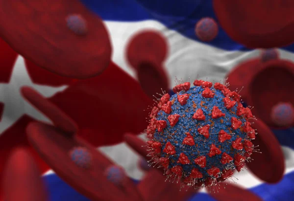 Virus and blood cells against flag of Cuba. 3d illustration. viral infection causing chronic disease. Hepatitis viruses, influenza virus H1N1, Coronavirus, HIV, Flu, cell infect organism,