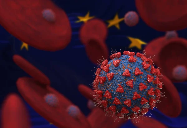 Virus Células Sanguíneas Contra Bandera Unión Europea Ilustración Infección Viral — Foto de Stock