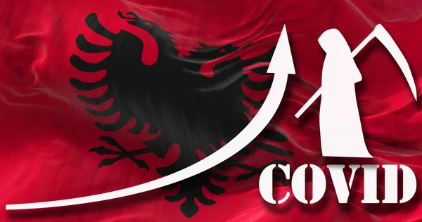 在阿尔巴尼亚 越来越多的科罗纳威斯人的死亡数字图被悬挂在国旗上 Covid 19死亡人数增加 新浪潮 3D说明 — 图库照片