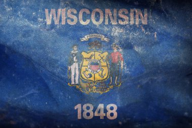 Wisconsin 'in grunge desenli retro bayrağının üst görüntüsü. Bayrak arkaplanı,