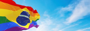 Brezilya lgbt gurur bayrağı bulutlu gökyüzünde rüzgarda dalgalanıyor. Özgürlük ve aşk kavramı. Gurur ayı. Eylemcilik, toplum ve özgürlük kavramı. Uzayı kopyala 3d illüstrasyon.