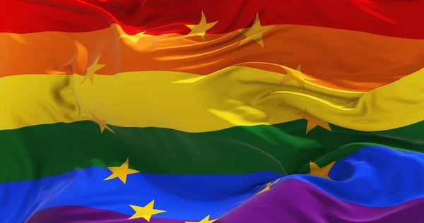欧洲彩虹欢乐骄傲的旗帜在多云的天空中迎风飘扬 自由和爱的概念 骄傲的一个月 行动主义 社区和自由概念 复制空间 3D说明 — 图库照片