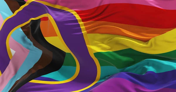 Lgbtq Inclusive Προοδευτική Σημαία Υπερηφάνεια Κυματίζει Στον Άνεμο Στο Συννεφιασμένο — Φωτογραφία Αρχείου