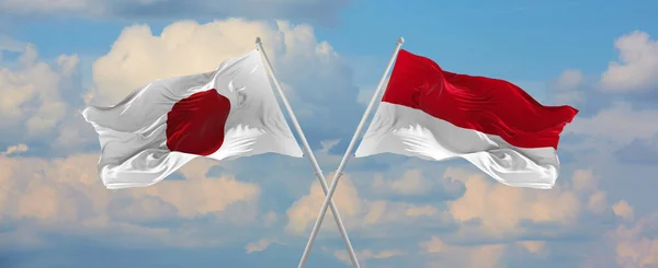 Flags Japan Monaco Waving Wind Flagpoles Sky Clouds Sunny Day — Stock Photo, Image