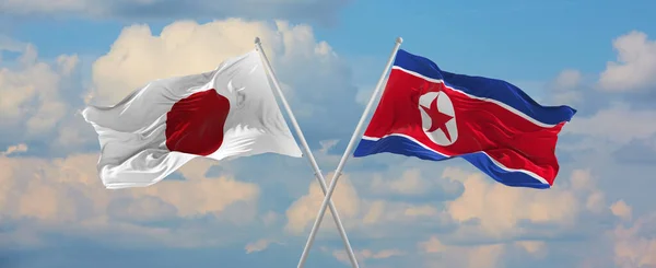 Banderas Japón Corea Del Norte Ondeando Viento Los Asta Bandera —  Fotos de Stock