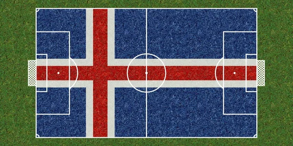Κάτοψη Του Γηπέδου Ποδοσφαίρου Πράσινο Γρασίδι Σημαία Της Ισλανδίας Ποδόσφαιρο — Φωτογραφία Αρχείου