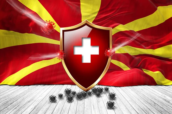 马其顿国旗与金属死神红色盾牌 病毒保护 卫生盾牌 病毒疫苗保护琼脂糖病毒 医疗保健 安全徽章的概念 3D插图 — 图库照片