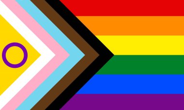 LGBTQ İlerleme Gururu bayrağının üst görüntüsü cinsiyetler arası dahil, bayrak direği yok. Uçak tasarımı, tasarım. Bayrak arkaplanı. Özgürlük ve aşk kavramı. Gurur ayı. Eylemcilik, toplum ve özgürlük.