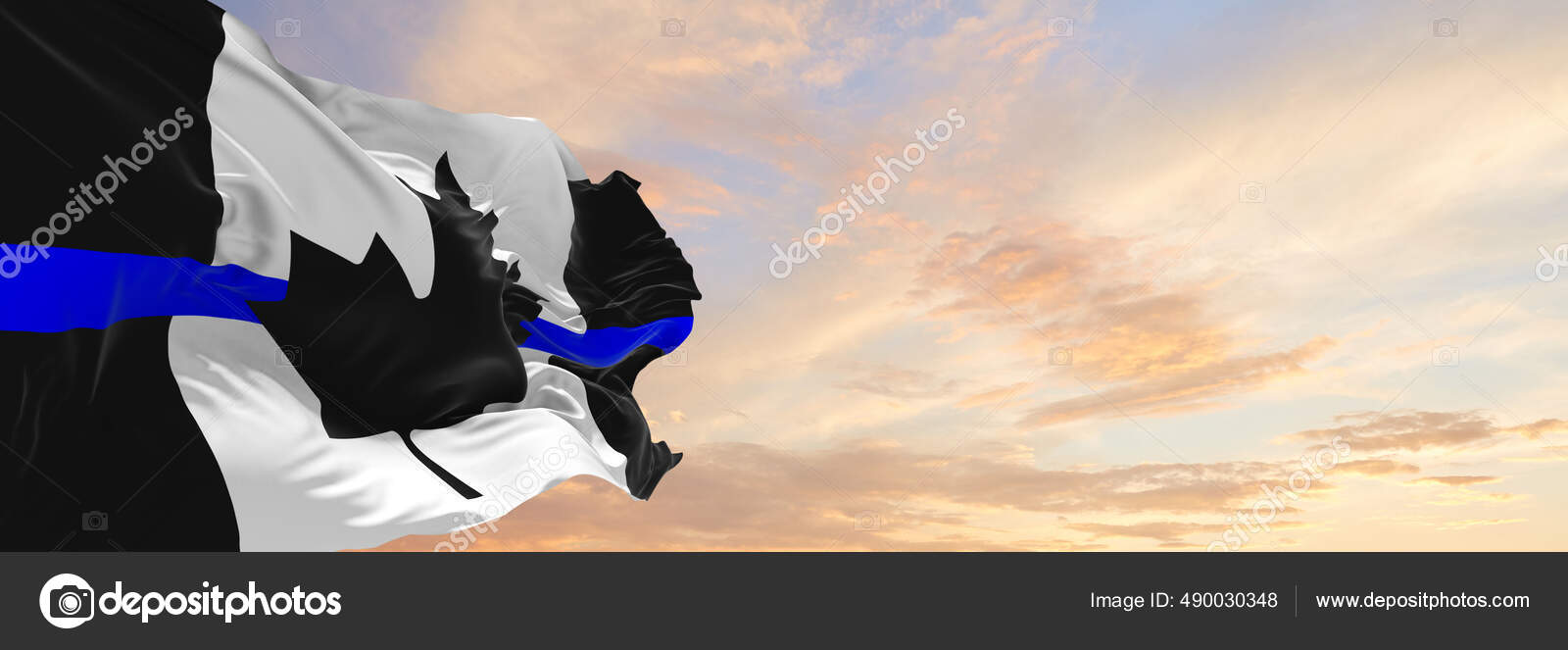 Thin Blue Line Canada Flag Waving Cloudy Sky Background Sunset Stock