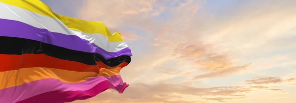 Bandera Lesbiana Binaria Ondeando Viento Cielo Nublado Concepto Libertad Amor — Foto de Stock