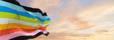 Bulutlu gökyüzünde rüzgarda sallanan garip gurur bayrağı. Özgürlük ve aşk kavramı. Gurur ayı. Eylemcilik, toplum ve özgürlük kavramı. Uzayı kopyala 3d illüstrasyon.