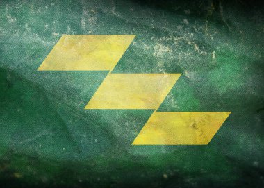 Miyazaki Bölgesi 'nin bayrak direği olmayan, grunge desenli retro bayrağının üst görüntüsü. Uçak tasarımı, tasarım. Bayrak arkaplanı.