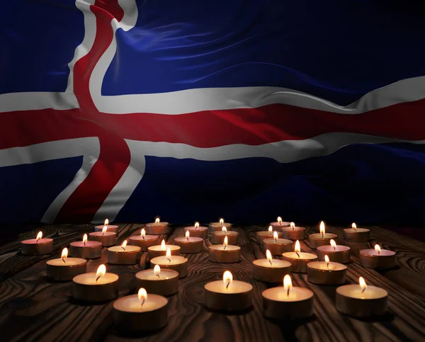 背景のアイスランド国旗に火を灯すろうそくを偲ぶ 記念週末 愛国者の退役軍人の日 国家奉仕記念日 木製の表面にろうそくを燃やす 3Dイラスト — ストック写真