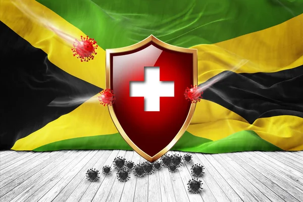Jamaica flag with Metal Shiny red shield. virus protection, hygiene shield. virus Vaccine Protection aganst coronavirus, Health Care, Safety Badge concept. 3D illustration.